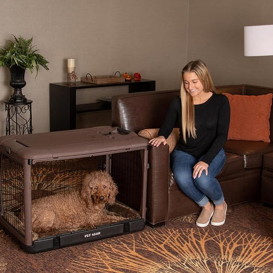 Pet Gear _he Other Door 4 Door Steel Crate for Dogs/Cats with Garage-Style Door, Includes Plush Bed + Travel Bag, No Tools Required, Espresso