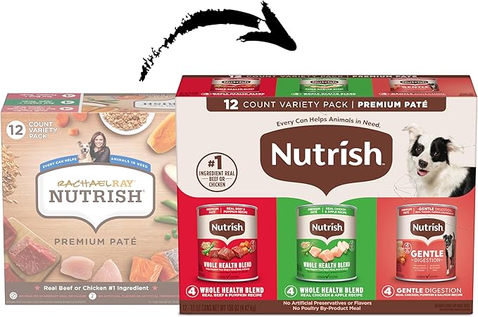 Nutrish Gentle Digestion and Whole Health Blend Premium Paté Variety Pack Wet Dog Food, 13 oz. Can, Pack of 12, Packaging May Vary (Rachael Ray)