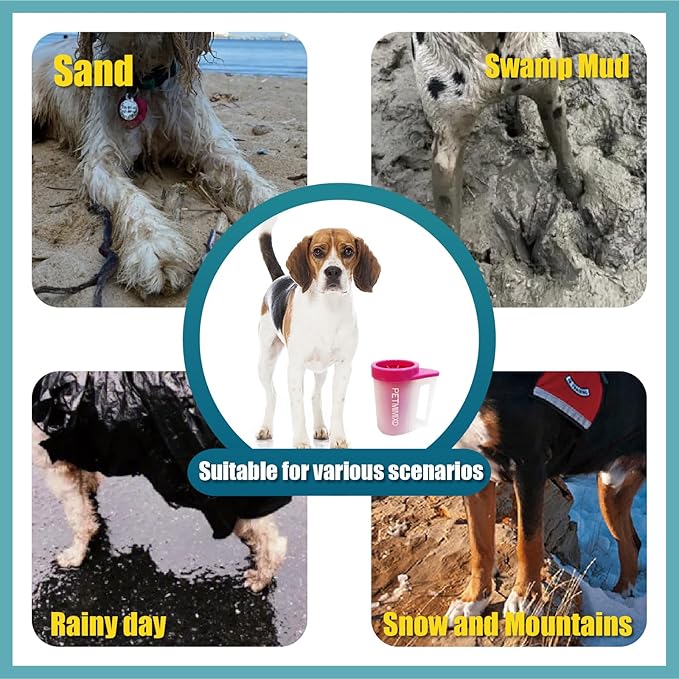 Dog Paw Washer with Handle, Absorbent Towels, Adjustable Bath Brush for Short & Long Hair (Muddy Pet Foot Cleaner), Pink, Medium