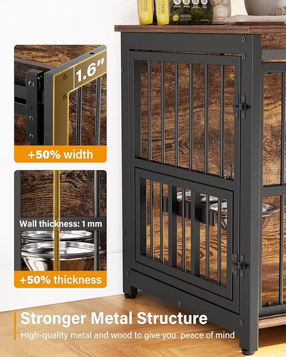 Dog Crate Furniture for Large Breed, Sliding Barn Door Dog Crate with Interactive Window for Anxiety Dogs, 360°Rotatable & Elevated Dogs Bowls, Wooden Dog Kennel Furniture, Dog Cage Furniture Indoor