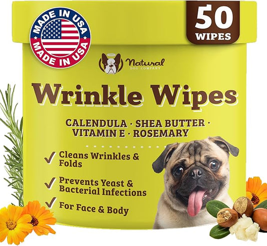 Natural Dog Company Wrinkle Wipes for Dogs, 50 Count, Hypoallergenic Dog Wipes, Wrinkle Wipes French Bulldog, Cleaning & Deodorizing, Dog Wipes for Grooming Faces, Paws & Butts