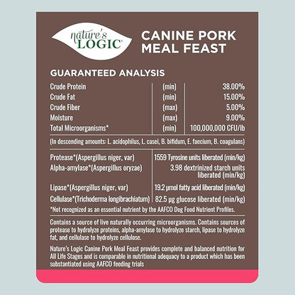 NATURE'S LOGIC Dry Dog Food - 100% Natural - No Synthetics - for All Ages, Sizes, Breeds - Free from Common Allergens, High Protein - Pork Meal Feast, 13lbs