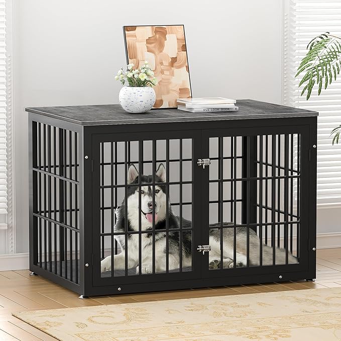 48 Inch Heavy Duty Dog Crate Furniture for Large Dogs, Decorative Pet House End Table, Extra Large Wooden Cage Kennel Furniture Indoor, Black and Gray