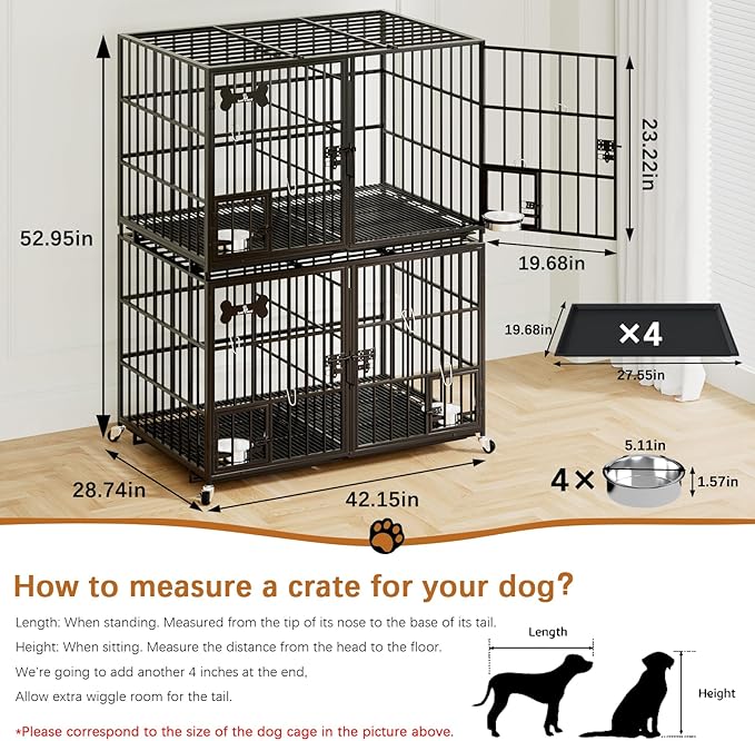 Dosker 42 inch Stackable Heavy Duty Metal Dog Crate for 4 Dogs/Large Dog,All Metal Open Top Access,Escape Proof Cage,Dog Kennel Indoor with Wheels,Floor Grid, Tray, Divider and Feeding Bowl