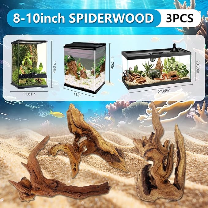 3 Pcs Natural Driftwood for Aquarium, Aquarium Driftwood Freshwater 8-10 Inch, Assorted Size Mopani Wood, Twisted Branches for Fishtank Accessories, Reptile Terrariums Decorations