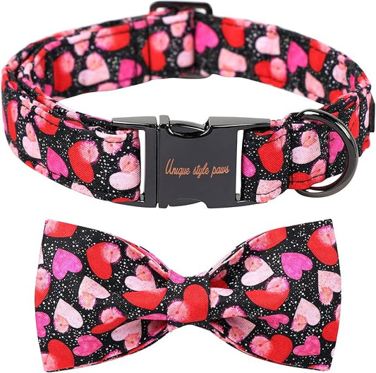 Unique Style Paws Valentine's Day Dog Collar with Bow Colorful Heart Love Dog Collars for Small Medium Large Dog New (S, Black Bow)
