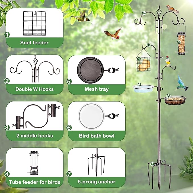 Bird Feeding Station Kit, 87 Inches Bird Feeder Pole for Outside, Premium Feeder Stand Hanging Kit with Water Bowl, Mesh Tray and Metal Suet for Attracting Wild Birds