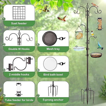 Bird Feeding Station Kit, 87 Inches Bird Feeder Pole for Outside, Premium Feeder Stand Hanging Kit with Water Bowl, Mesh Tray and Metal Suet for Attracting Wild Birds