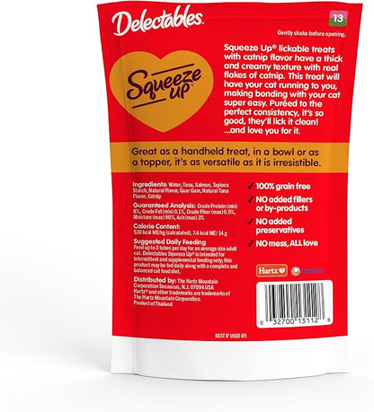 Delectables Squeeze Up Creamy Squeezable Puree, Lickable Wet Cat Treats, Grain Free, No Added Fillers, No By-Products, No Added Preservatives, 0.5 Ounces Tube Tuna & Salmon with Catnip, 32 Tubes Total