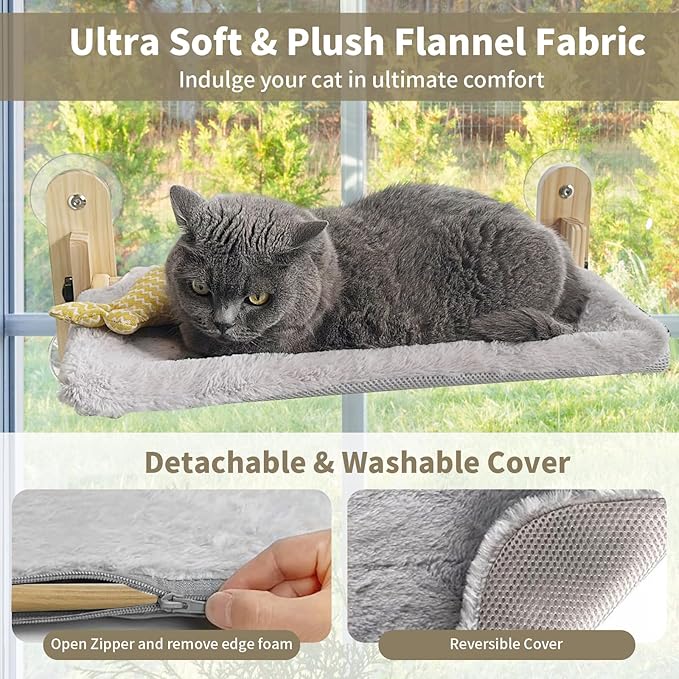 Cat Window Perch, Cordless Foldable Cats Hammock Bed with Wooden Frame Suction Cups, Removable Soft Cover Windowsill Seat for Indoor Cats Pet Shelf (20X11 inch)