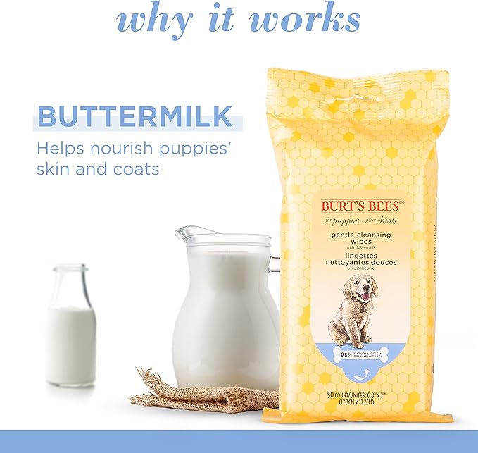 Burt's Bees for Pets Gentle Cleansing Puppy Wipes with Buttermilk, 98% Natural Origin Formulas, Hypoallergenic Dog Wipes Cleaning, Dog Cleaning Wipes, Dog Wipes for Paws and Butt, 50ct