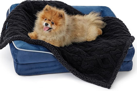 Bedsure Waterproof Dog Blankets for Small Dogs - Pet Blanket for Couch Protector Washable, Premium Jacquard Coral Fleece Cat Throw Blanket, Soft Plush Reversible Furniture Protection, 25"x35", Black