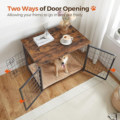 Dog Crate Furniture with Cushion, Wooden Dog Kennel with Double Doors, Heavy Duty Dog Cage for Small/Medium/Large Dogs, Indoor Dog House End Table, 31.5" L, Rustic Brown DCHR0701Z1