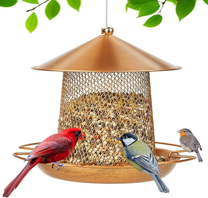 LBTING Bird Feeder for Outside, Metal Lantern-Shaped Bird Feeder, Squirrel Proof Wild Bird Feeders for Hanging Outdoor Garden Yard, Bright Gold