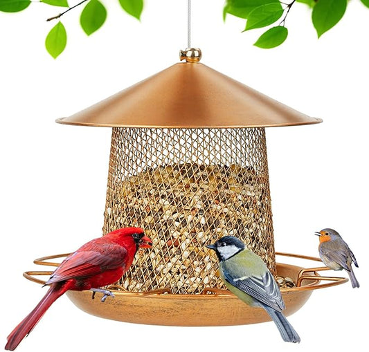 LBTING Bird Feeder for Outside, Metal Lantern-Shaped Bird Feeder, Squirrel Proof Wild Bird Feeders for Hanging Outdoor Garden Yard, Bright Gold