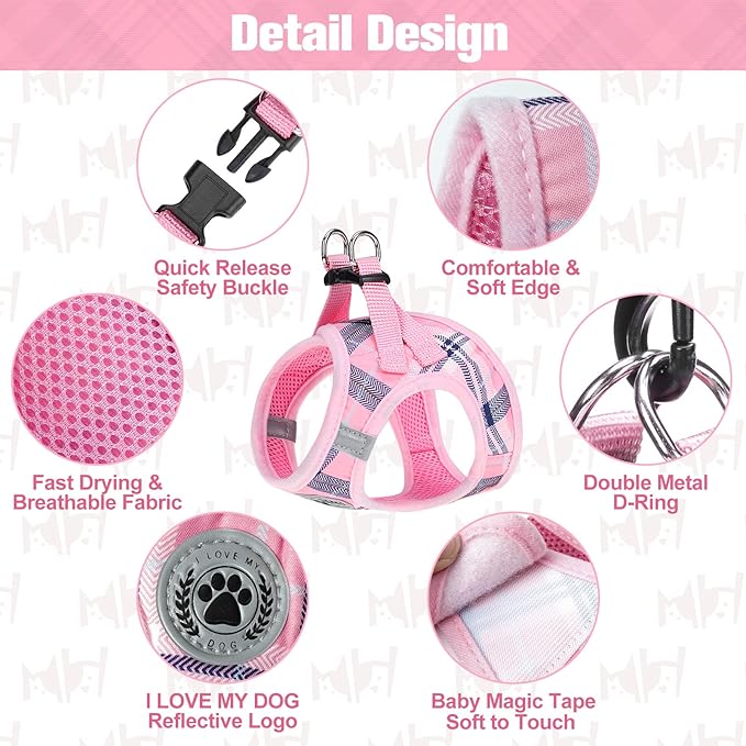 BEAUTYZOO Small Dog Harness and Leash Set,Step in No Chock No Pull Soft Mesh Dog Harnesses Reflective for Extra-Small/Small Medium Puppy Dogs and Cats, Plaid Dog Vest Harness for XS S Pets, Pink XXS