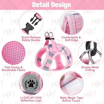 BEAUTYZOO Small Dog Harness and Leash Set,Step in No Chock No Pull Soft Mesh Dog Harnesses Reflective for Extra-Small/Small Medium Puppy Dogs and Cats, Plaid Dog Vest Harness for XS S Pets, Pink XXS