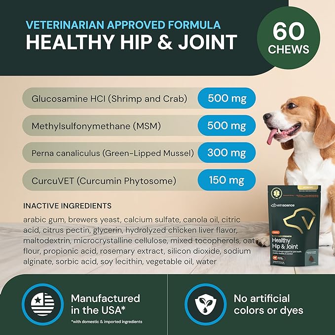 VETRISCIENCE Veterinary Strength Healthy Hip & Joint Chews - Joint Health Supplement for Dogs - Supports Mobility & Flexibility - 60 Count