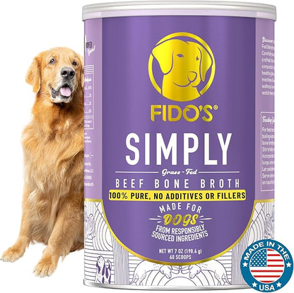 Fido's Grass-Fed Beef Bone Broth for Dogs 7oz with 94% Protein - Picky Eaters Human Grade Bone Broth Powder for Dogs - Made in USA - No Preservatives - Supports Joints + Gut Health - 60 Scoops