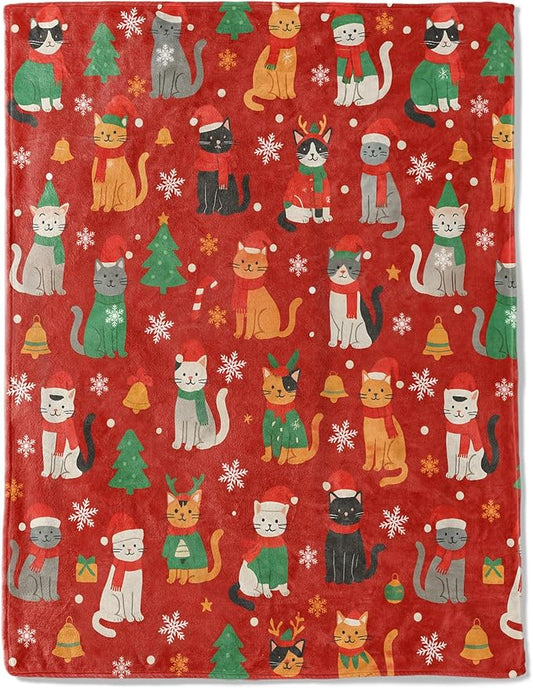 Cat Christmas Decorative Throw Blanket, Cute Kitten Print Decoration, Soft Flannel Winter Blankets for Couch Bed Sofa, Holiday Home Decor, Xmas Festival Gifts for Kids Adults 50x60 Inch