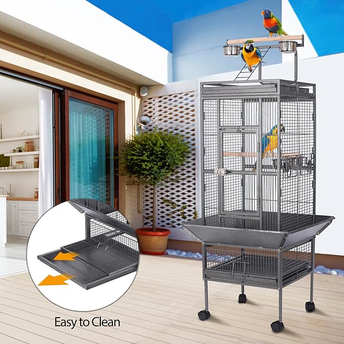 HSM 62 Inch Wrought Iron Large Bird Flight Cage with Rolling Stand for African Grey Parrot Cockatiel Sun Parakeet Conure Lovebird Canary