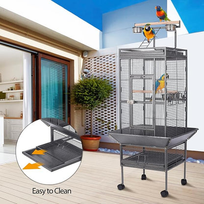 HSM 62 Inch Wrought Iron Large Bird Flight Cage with Rolling Stand for African Grey Parrot Cockatiel Sun Parakeet Conure Lovebird Canary