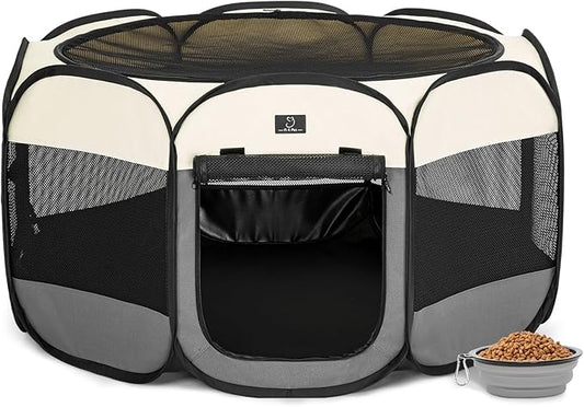 A4Pet Portable Dog Playpen, Pop Up Dog Playpen Indoor/Outdoor, Pet Playpen for Cats, Puppies - Removable Zipper & Collapsible Travel Bowl