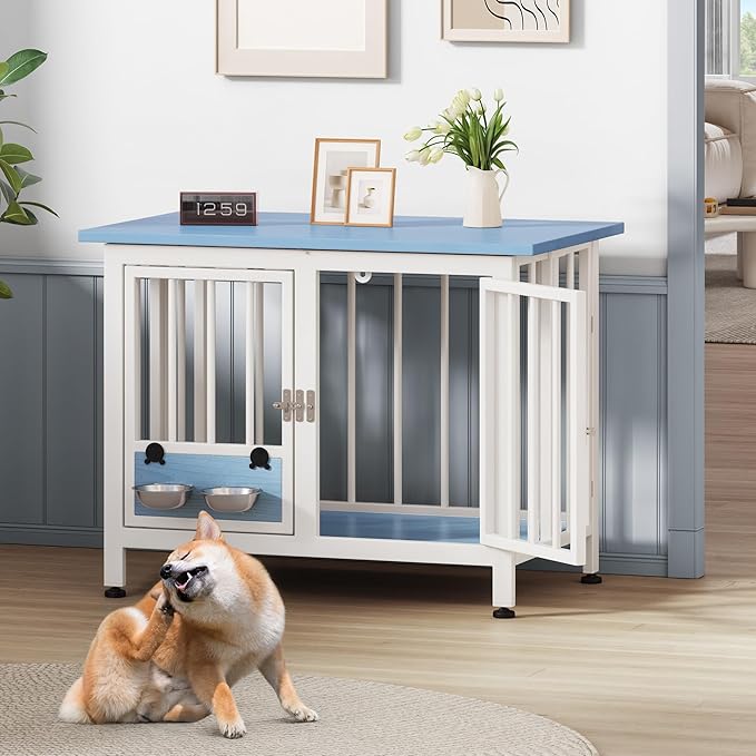 YITAHOME 33" Foldable Dog Crate Furniture, Portable Wooden Kennel End Table with Adjustable Feet & 360° Rotatable Bowls, Perfect for Small to Medium Dogs, Blue