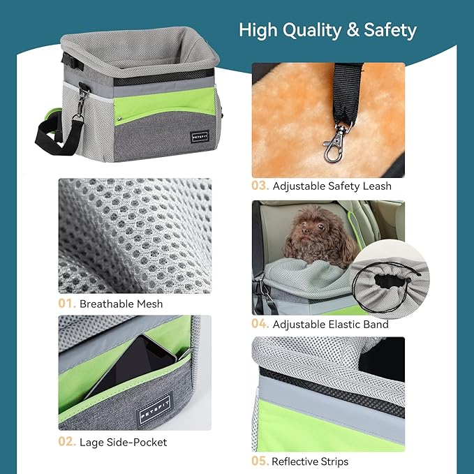 Petsfit Dog Bike Basket, Dog Booster Car Seat, Dog Car Seat for Small Dogs/Cats/Puppies with Safety Rope/Reflective Strips/Two Side Storage Pockets (Grey)