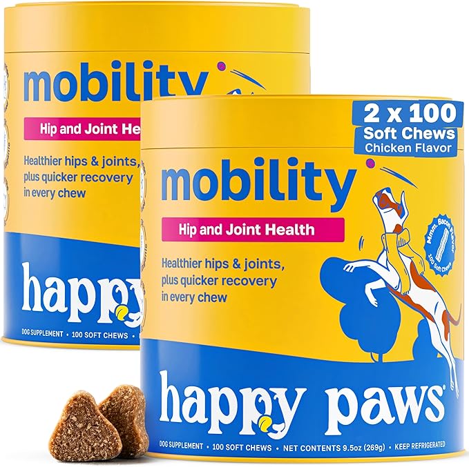 Happy Paws Hip & Joint Supplement for Dogs, Joint Health & Mobility Support for All Breeds & Ages, Made with Hyaluronic Acid & Turmeric, Vegan Bacon Flavor, Organic, Non GMO, 200 Soft Chews