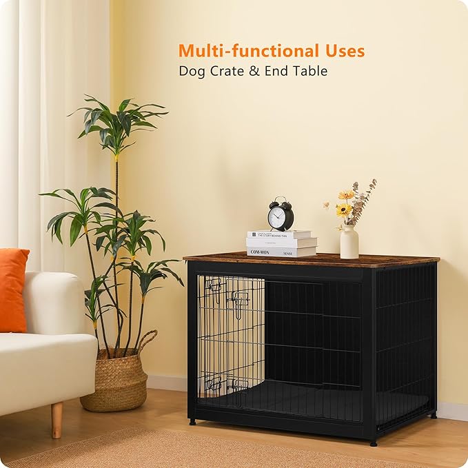 DWANTON Dog Crate Furniture with Cushion, Wooden Kennel Table with Double Doors, Indoor Dog House, Large Size, 38.5" L, Black+Rustic Brown