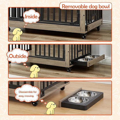 Dog Crate Furniture, Dog House Indoor with Feeding Bowl and Wheels, Wood Dog Crate Dog Kennels Decorative Dog Crate for Small Medium Dogs Grey 38.58" W x 25.2" D x 27.17" H One Size