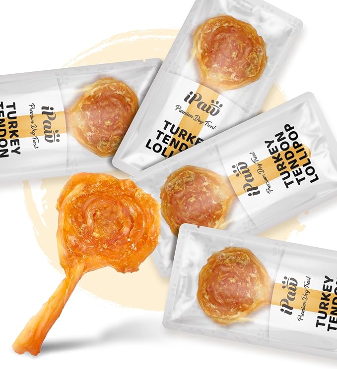 iPaw Turkey Tendon for Dogs, Ingredient Sourced from USA, Hypoallergenic, All Natural Human Grade Puppy Chew, Dog Treats for Signature Series, Rawhide Alternative, 4 Units/Pack Lollipop (Small)