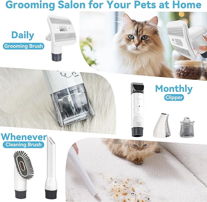 6-in-1 Pet Grooming Kit with Vacuum Brush | Low Noise Deshedding Tool, Dog Hair Clippers & Scissors | Shedding Control for Dogs Cats Clean up