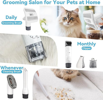 6-in-1 Pet Grooming Kit with Vacuum Brush | Low Noise Deshedding Tool, Dog Hair Clippers & Scissors | Shedding Control for Dogs Cats Clean up