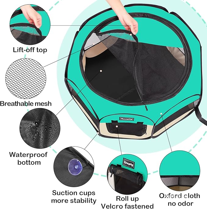 Portable Pet Dog Playpen, Pet Playpen Foldable Extra Heavy Duty Pop Up No Assembly Kennel Tent Crate Indoor Outdoor with Shade Ventilation Mesh for Small Dog, Kitten, Cat, Rabbit (Turquoise,M)