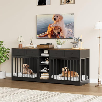 82 Double Dog Crate Furniture, Large Dog Kennel Indoor for 2 Dogs, Heavy Duty Wooden Dog Crate TV Stand with 4 Drawers and Shelves, Black