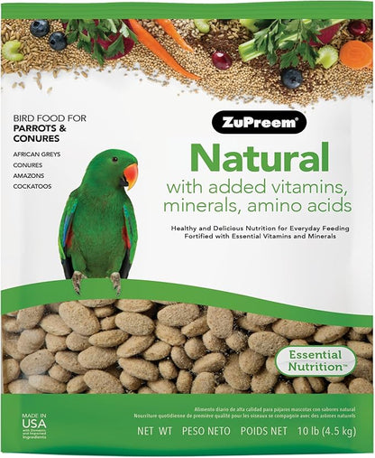 ZuPreem Natural Bird Food, Bird Feed Pellets for Parrot, Conure, Caique, African Grey, Eclectus, Small Cockatoo, Core Nutrition, Made in USA, Added Vitamins, Parrot Food, (M/L, 10 lb Bag)