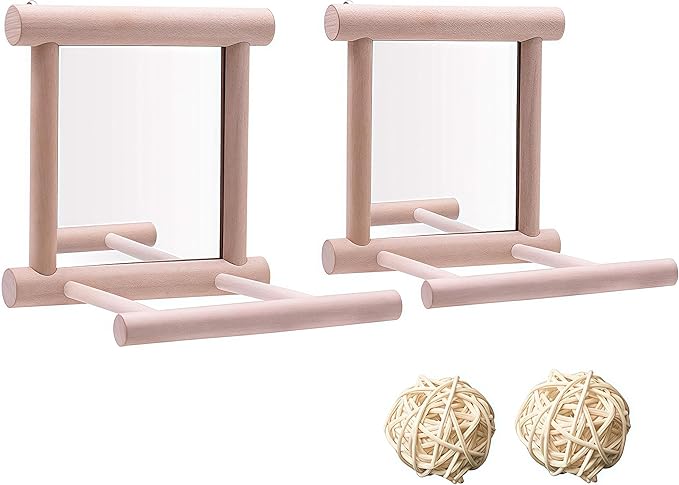 HANZE Bird Mirror Swing with Rattan Ball | Natural Wood Parrot Toy with Metal Hooks for Macaws, Cockatiels, Parakeets, Lovebirds | Safe Chewing & Mental Stimulation - 2 Pack