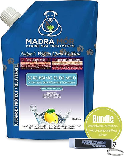 Worldwide Nutrition Bundle: Madra Mor Scrubbing Suds - Dog Essentials Mud Bath, Dog Grooming, Dry Skin for Dogs Treatment, Dog Coat Skin Care Products - 10oz Pouch & Multi-Purpose Key Chain