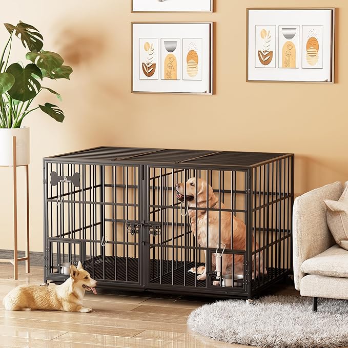 Dosker 54 inch XL Dog Crate for Large Dog/Double Medium Dogs,Heavy Duty Metal Dog Cages,All Metal Open Top Stackable,Dog Kennel Indoor with Wheels,Floor Grid, Tray, Divider and Feeding Bowl