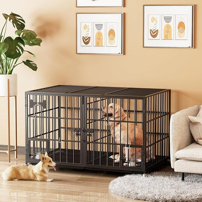 Dosker 54 inch XL Dog Crate for Large Dog/Double Medium Dogs,Heavy Duty Metal Dog Cages,All Metal Open Top Stackable,Dog Kennel Indoor with Wheels,Floor Grid, Tray, Divider and Feeding Bowl
