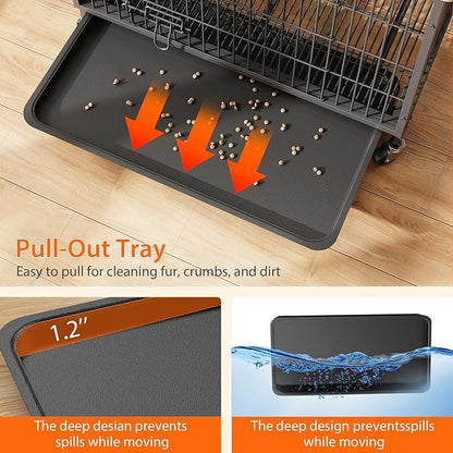 Dog Crate Furniture for Small Dogs, 27.2" L x 20.1" W x 23.6" H Indoor Kennel with Double Doors, Wheels & Removable Tray, Sturdy Dog Cage with Easy Assembly, Rustic Grey