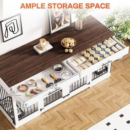 Rophefx 72" Dog Crate Furniture for 2 Dogs, Large Dog Kennel Furniture with 2 Storage Drawer and Removable Divider, Wooden Dog Cage with 4 Bowls, Indoor Dog House TV Stand for Medium Dog, White