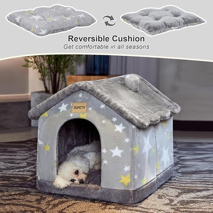 JIUPETY Cute Indoor Dog Houses, Dog Bed with Cover Cave, M Size Up to 15 Lbs Cat and Puppy, Igloo Pet House with Non-Slip Bottom, Grey
