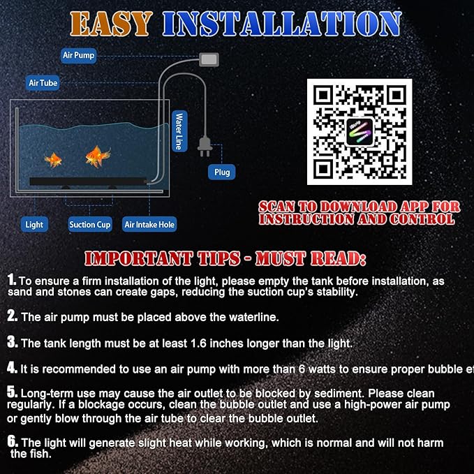 Smart App-Controlled LED Aquarium Light with 16 Million Colors, 12 Dynamic Effects, Fish Tank Light with Nano Air Bubble for Aquarium Bubbler Decorations, Submersible Fish Tank Accessories - 11.2''