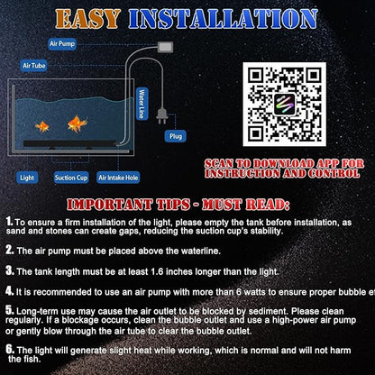 Smart App-Controlled LED Aquarium Light with 16 Million Colors, 12 Dynamic Effects, Fish Tank Light with Nano Air Bubble for Aquarium Bubbler Decorations, Submersible Fish Tank Accessories - 19''