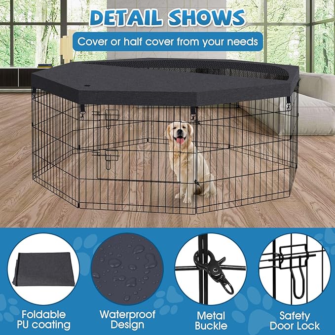 Dog Pen Pet Playpen Dog Fence Indoor Foldable Metal Wire Exercise Puppy Play Yard Pet Enclosure Indoor Outdoor 8 Panels 24 Inch with Bottom Pad/Top Cover (Black with top Cover)