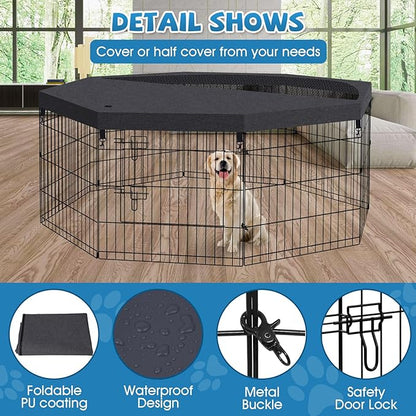 Dog Pen Pet Playpen Dog Fence Indoor Foldable Metal Wire Exercise Puppy Play Yard Pet Enclosure Indoor Outdoor 8 Panels 24 Inch with Bottom Pad/Top Cover (Black with top Cover)