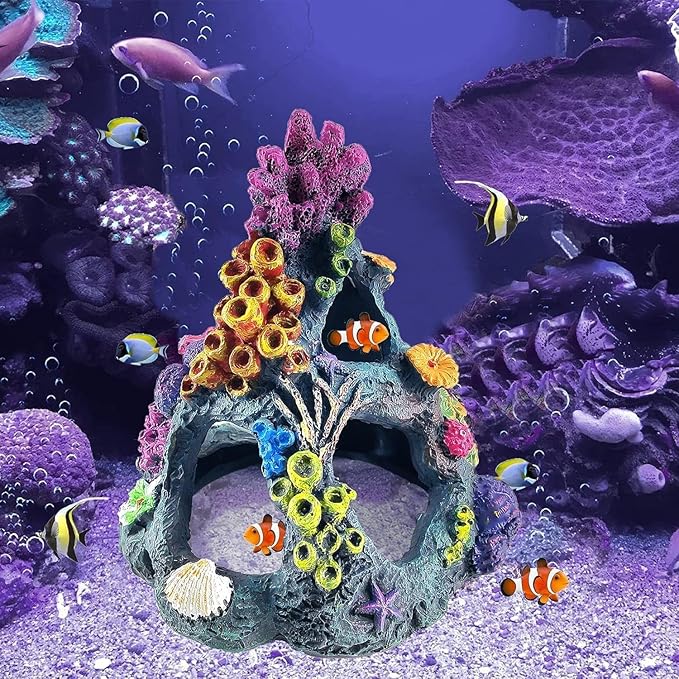 PINVNBY Coral Aquarium Decoration (Size: 6.3 x 4.7 x 4.7 inches) Small Fish Tank Decorations Resin Rock Mountain Cave Ornaments Betta Fish Hideout House for Beta Sleep Rest Hide Play Breed